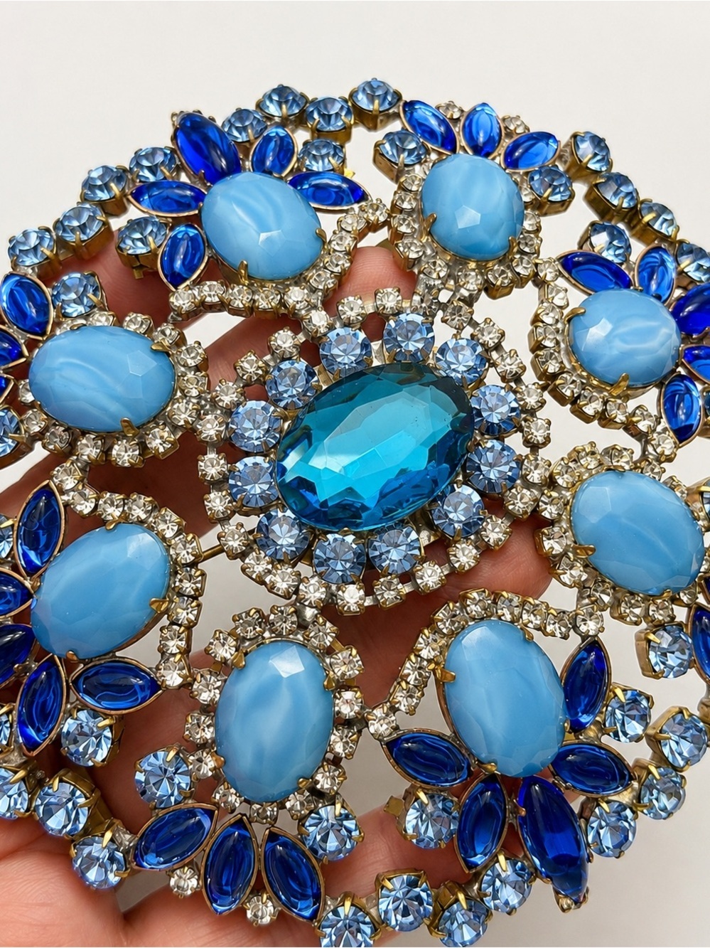Vintage Bijoux MG Blue Crystal Floral Statement Brooch